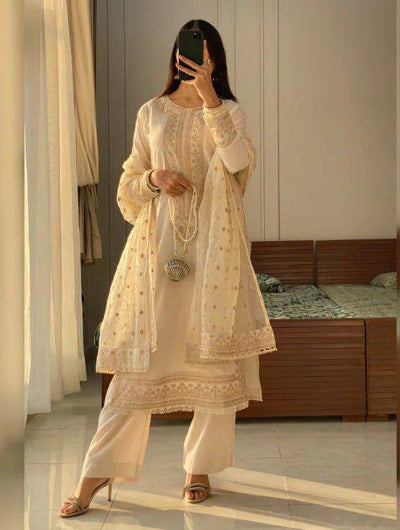 Cream Roman Silk Embroidery Work Straight Suit