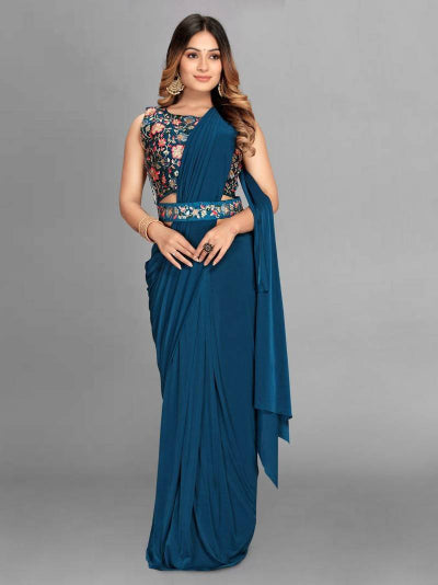 1 Min Blue Embroidered Ready to Wear Saree with Stitched Blouse