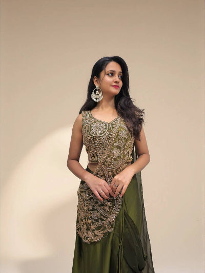 Designer Lehenga Saree &amp; Embroidered Blouse Burgundy &amp; Olive Green