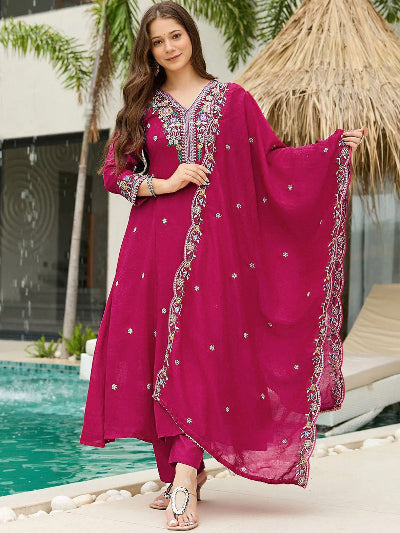 Rani Pink Ethnic Wear Women Anarkali Suit Set