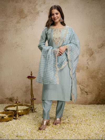 Powder Blue Embroidered Chanderi Suit for Women | Asian Ethnic Wear UK