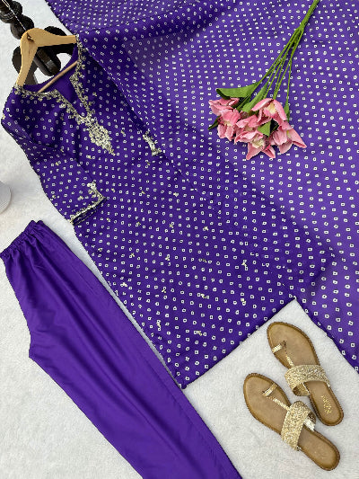 Royal Purple Satin Georgette Straight Suit with Sequin Work