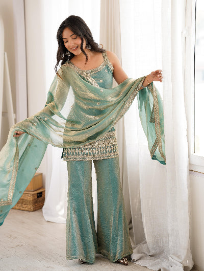 Ice Blue Silk Sleeveless Kurta Bell Bottom Pant &amp; Dupatta