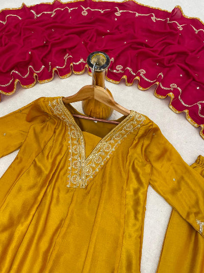 Mustard Yellow Embroidered Anarkali Suit with Pink Dupatta
