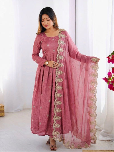 Rose Pink Crush Silk Embroidery Anarkali Suit