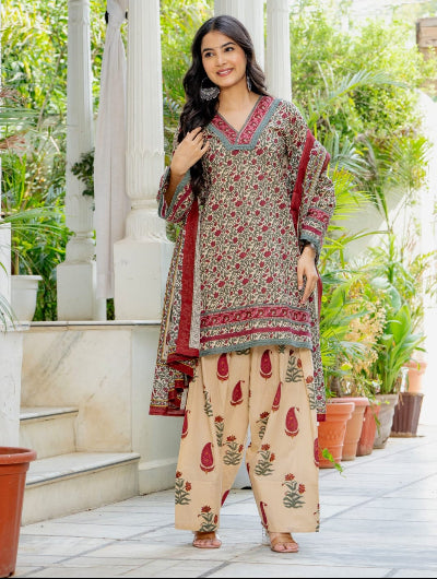 Vintage Floral Cotton Farshi Suit Set with Dupatta