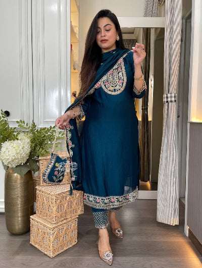 Teal Blue Chinon Silk Embroidery Straight Suit