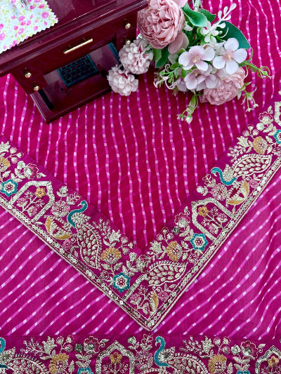 Pink Leheriya Georgette Pre-pleated Saree with Free Stitched Blouse
