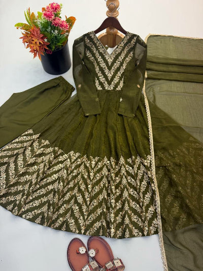 Olive Green Embroidered Crunchy Silk Anarkali Suit for Women