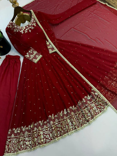 Deep Red Embroidered Anarkali Suit Set for Women
