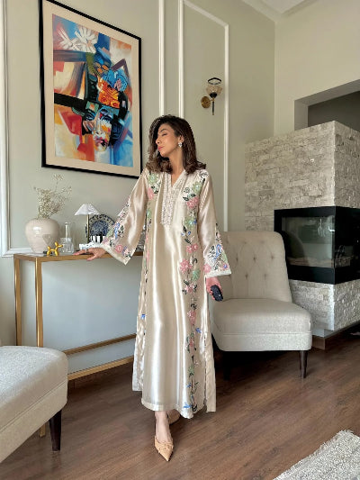 Ivory Floral Embroidered Roman Glass Kaftan Suit Set for Women UK