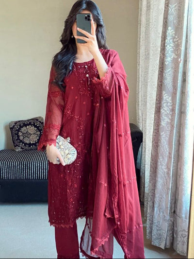 Dark Maroon Georgette Embroidery Straight Suit