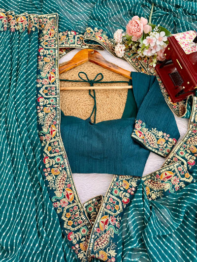 Blue Leheriya Georgette Pre-pleated Saree with Free Stitched Blouse