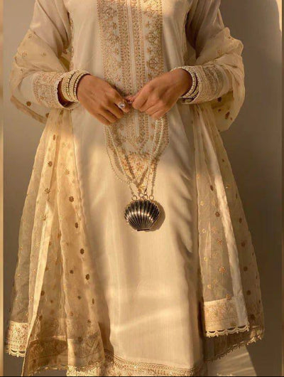 Cream Roman Silk Embroidery Work Straight Suit