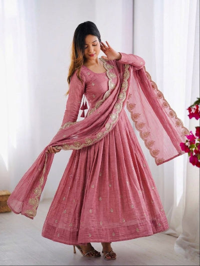 Rose Pink Crush Silk Embroidery Anarkali Suit