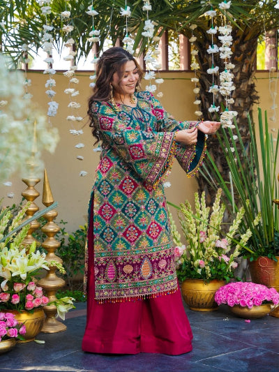 Teal &amp; Red Plus Size Chinon Silk Sharara Suit Set with Aari Mirror Work