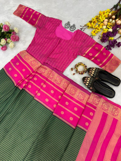Green Pink Silk Ready-to-Wear Saree Gown