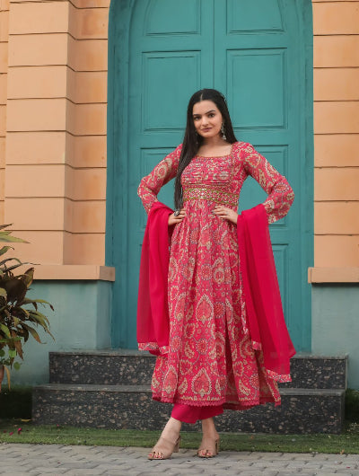 Orange Pink Georgette Anarkali Suit Set UK Next Day