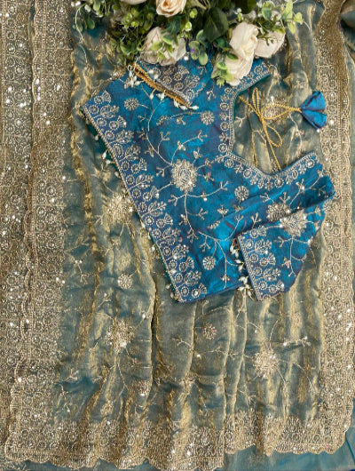 Ice Blue Pre-Stitched Ready to Wear Saree with Free Embroidered Stitched Blouse