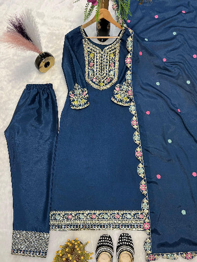 Teal Blue Chinon Silk Embroidery Straight Suit