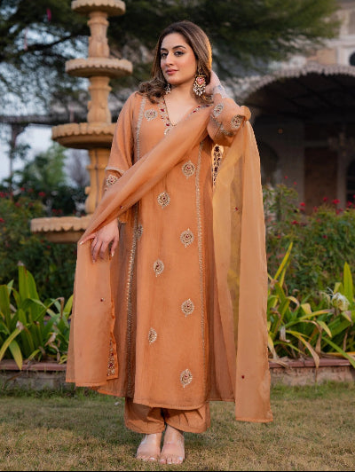 Orange Embroidered Crunchy Silk Straight Suit for Women