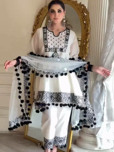 White Embroidered Mirror Work Peplum Style Suit Set