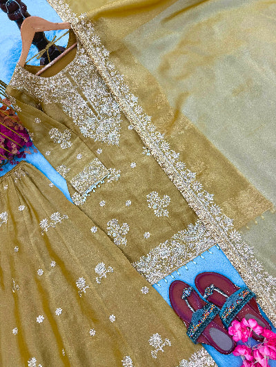 Gold Embroidered Silk Wedding Sharara Palazzo Suit Set for Women UK