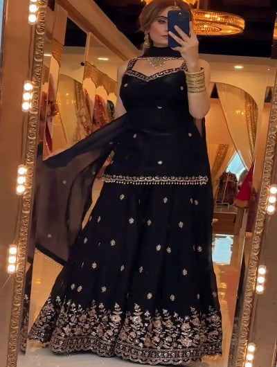 Black Sleeveless Embroidery Zari Work Sharara Suit