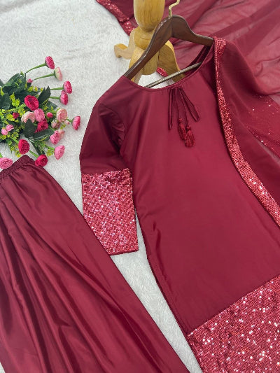 Maroon Crepe Silk Embroidered Farshi Suit Set
