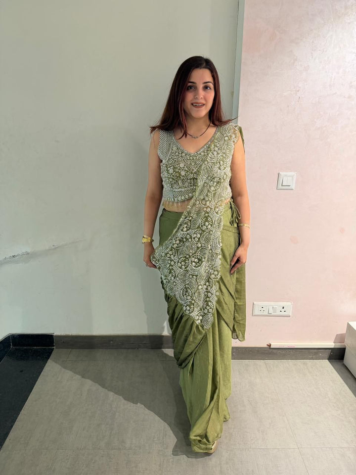 Olive Green Ready to Wear Drape Saree Embroidered Blouse