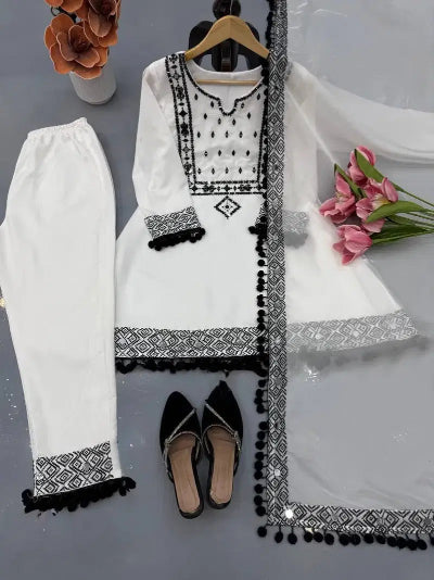 White Embroidered Mirror Work Peplum Style Suit Set