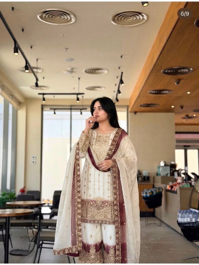 Ivory &amp; Plum Embroidered Palazzo Suit Set for Women UK