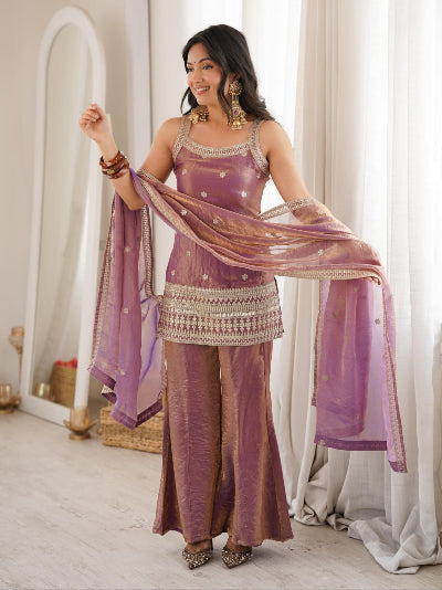 Blush Pink Silk Sleeveless Kurta Bell Bottom Pant &amp; Dupatta