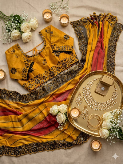 Mustard Yellow Embroidered Chiffon Silk Ready to Wear Saree with Stitched Blouse for Women