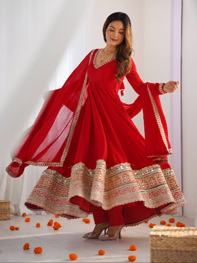 Red Embroidery Work Anarkali Gown Suit Set | Karwa Chauth Special