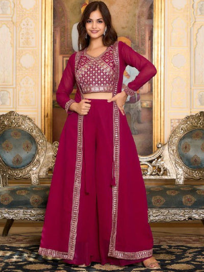 Rani Pink Georgette Embroidered Indo Western Shrug Suit UK Next Day