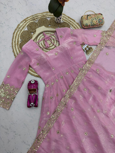 Soft Baby Pink Gold Embroidered Women&