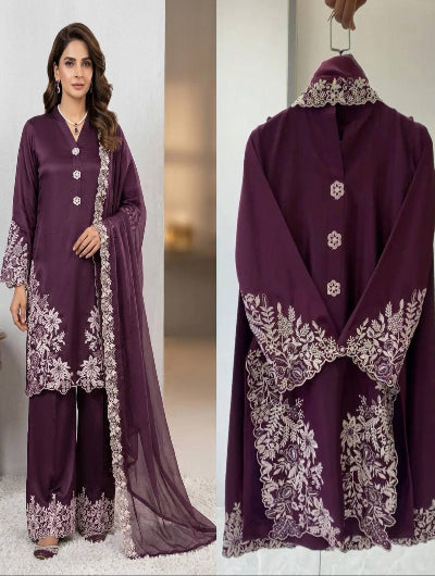 Crepe Silk Suit Set with Palazzo &amp; Organza Dupatta