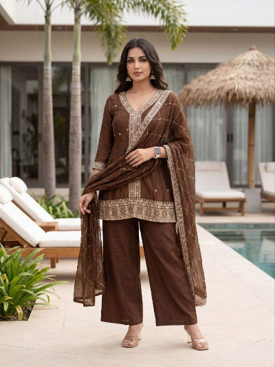 Brown Silk Embroidered Short Kurti Palazzo Dupatta Set