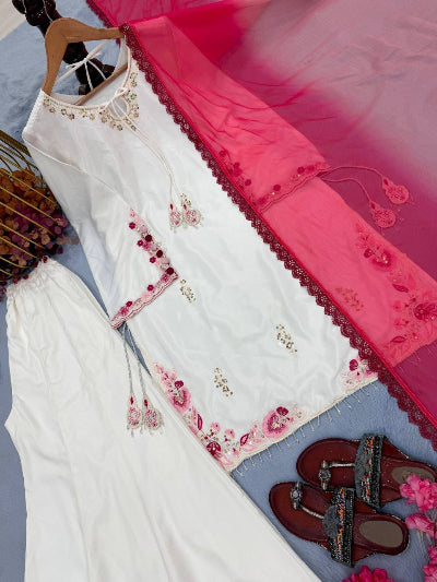 White Embroidered Crepe Silk Palazzo Suit with Pink Shaded Dupatta