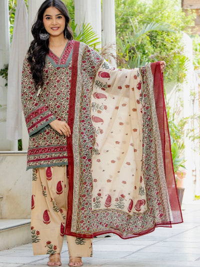Vintage Floral Cotton Farshi Suit Set with Dupatta