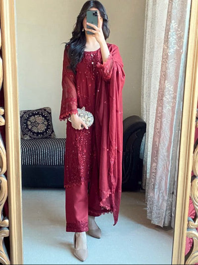 Dark Maroon Georgette Embroidery Straight Suit