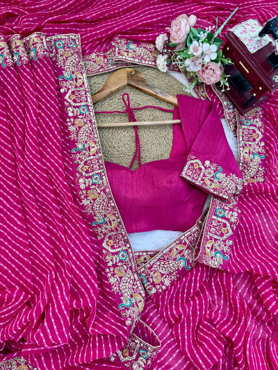 Pink Leheriya Georgette Pre-pleated Saree with Free Stitched Blouse