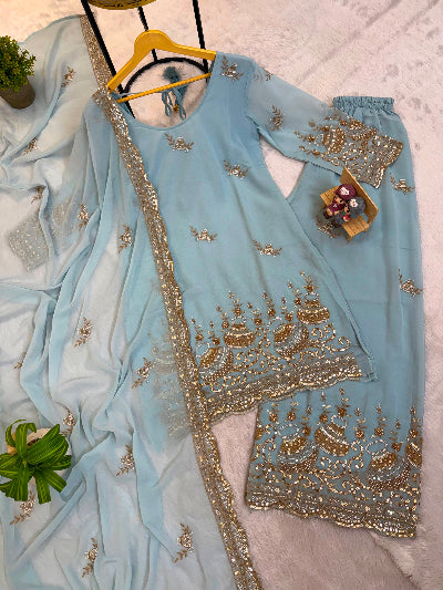 Powder Blue Georgette Gold Sequins Intricate Work Palazzo Suit