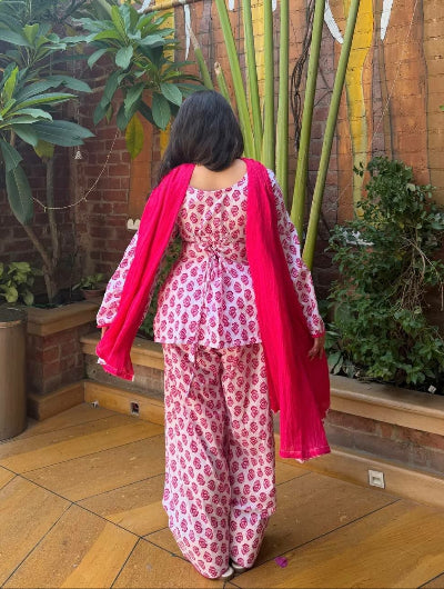 Pink Printed Cambric Cotton Farshi Pant Suit for Women