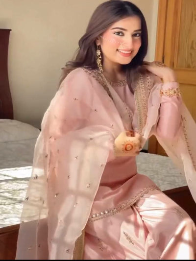 Pastel Pink Embroidered Satin Palazzo Set UK Next Day
