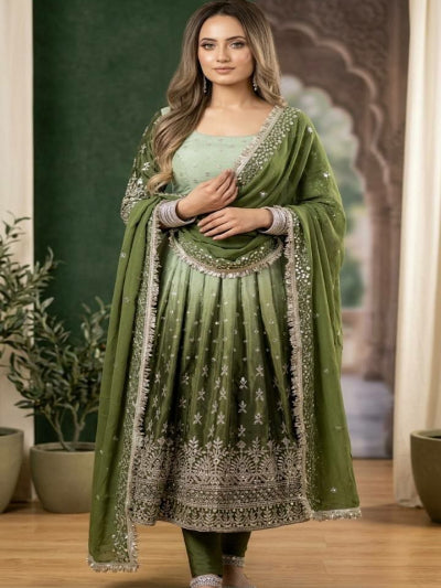 Emerald Green Sequin Embroidered Chinon Silk Anarkali Gown Set