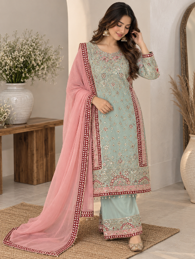 Pastel Mint Green Embroidered Georgette Suit with Pink Dupatta UK Next Day