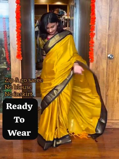 Mustard Yellow Lichi Silk Zip & Go 10 Second Saree Gown - BONYHUBSAREE