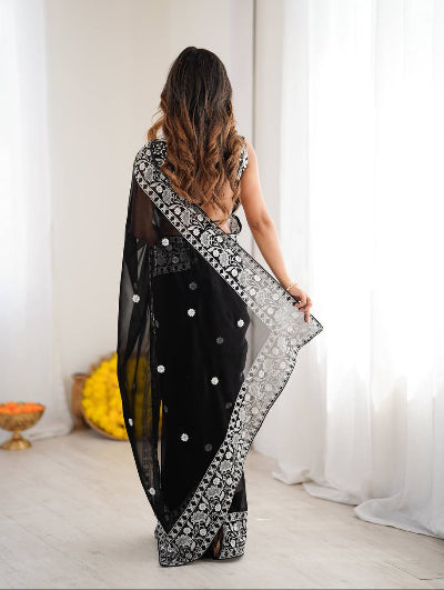 Black Georgette Thread Embroidery Ready to wear Saree with Free Stitched Blouse